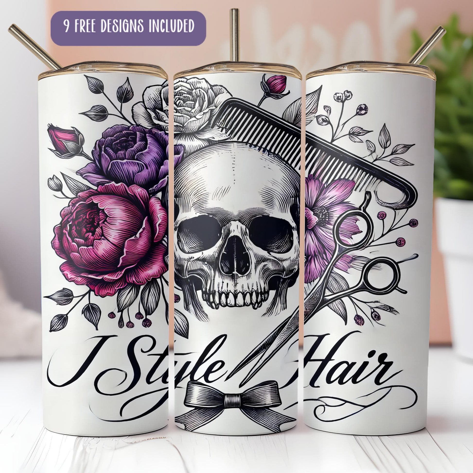 three white tumbles with a skull and flowers on them