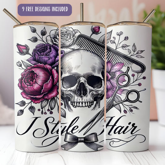 three white tumbles with a skull and flowers on them