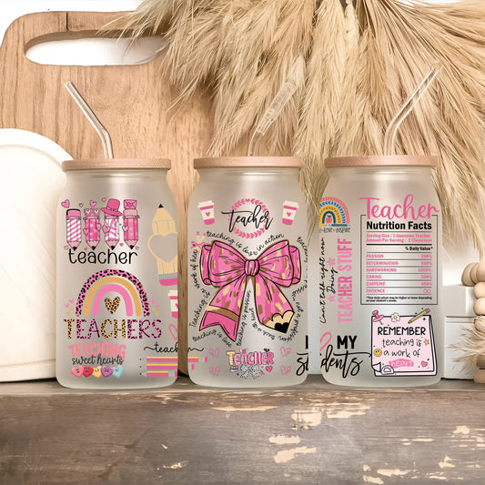 three cans of teacher appreciation drink on a shelf