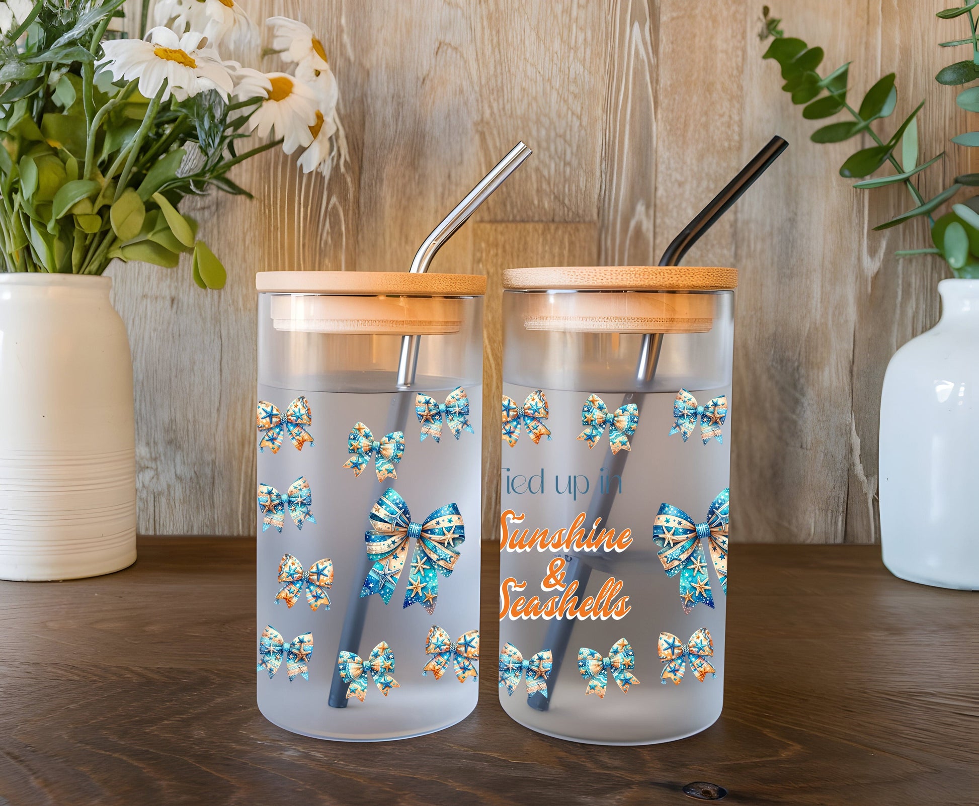 a couple of cups sitting on top of a wooden table