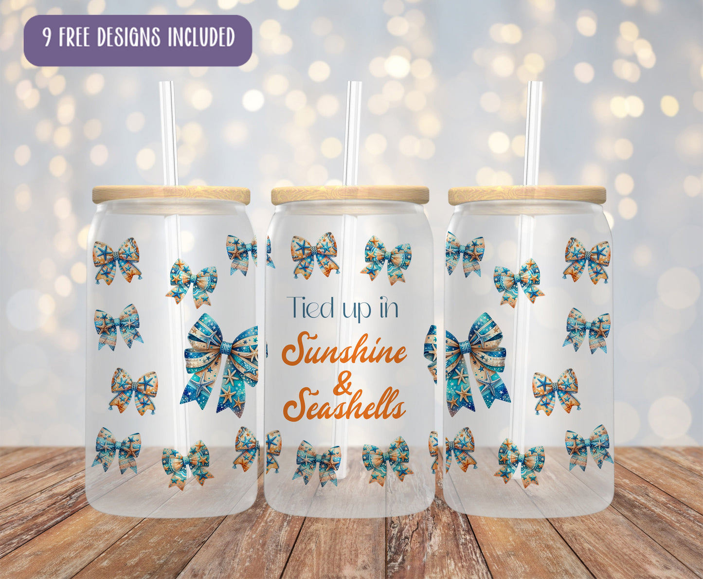 three personalized tumblers with bows on them