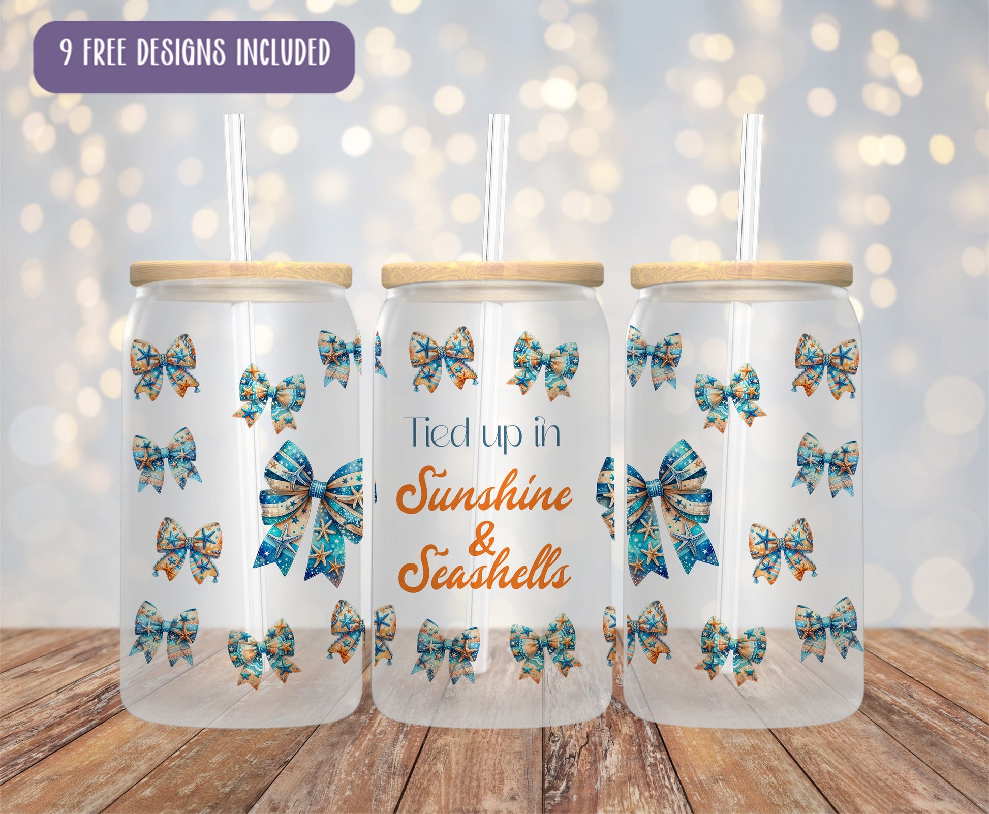 three personalized tumblers with bows on them