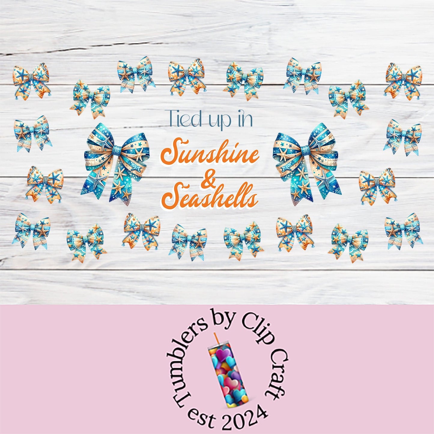 a white wooden background with a blue and orange bow on it