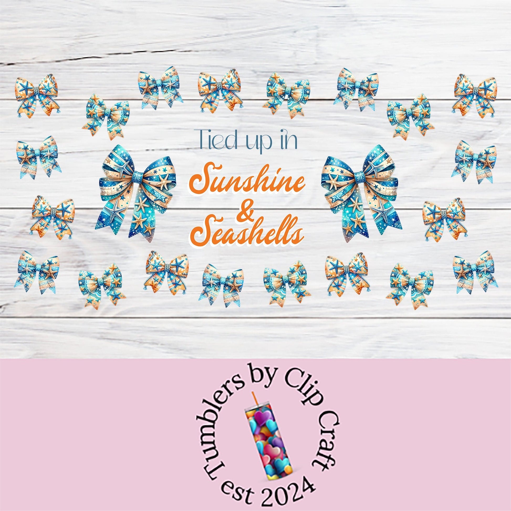 a white wooden background with a blue and orange bow on it