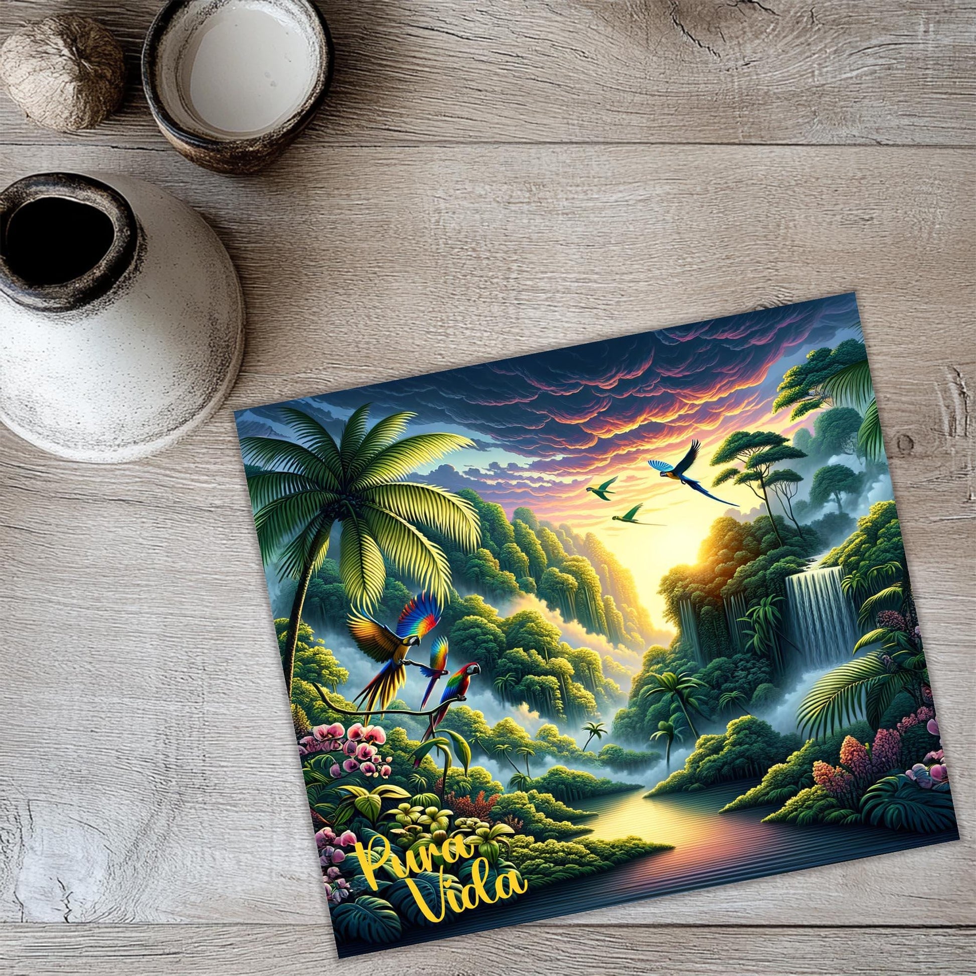 a painting of a tropical scene with birds and a waterfall