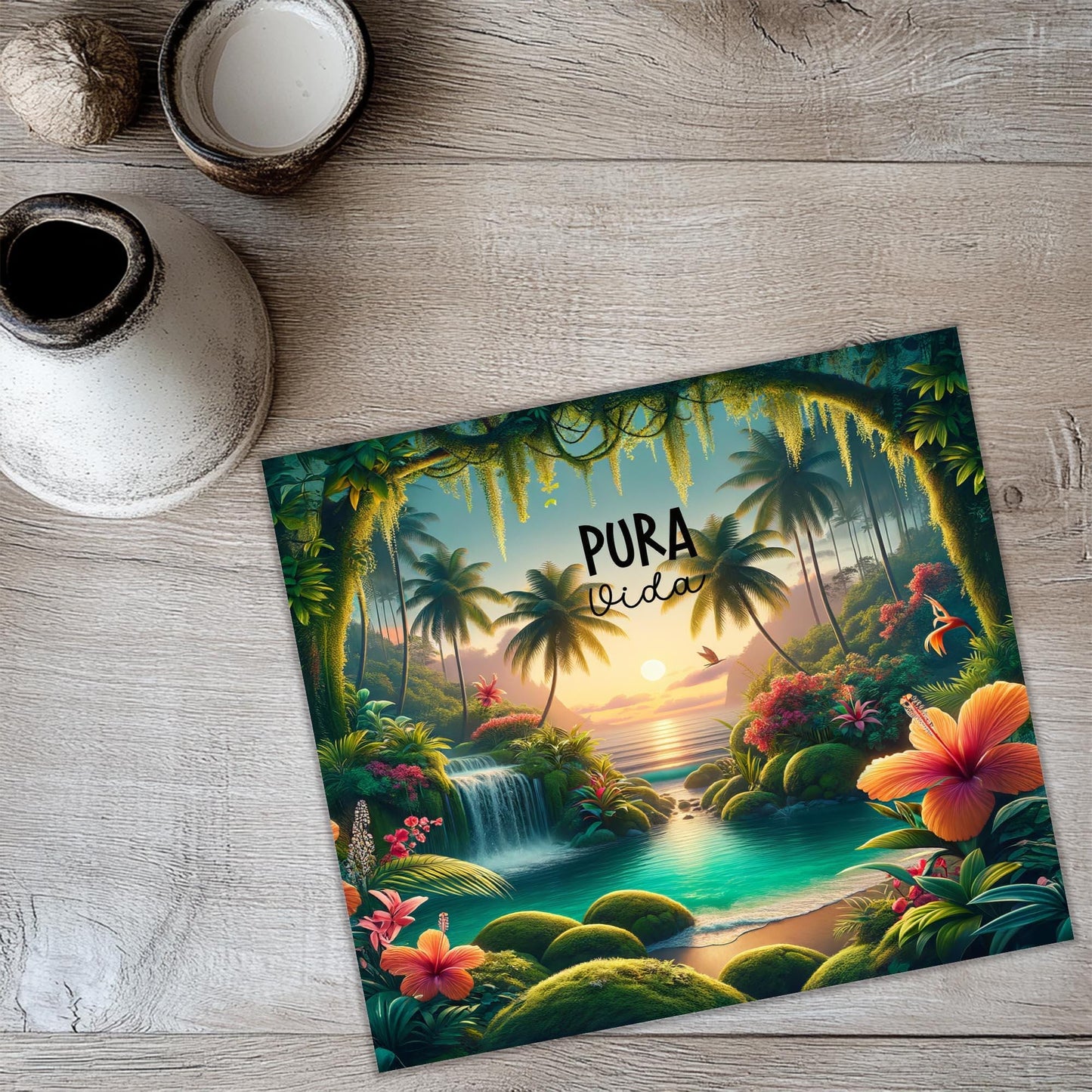 a card with a painting of a tropical scene
