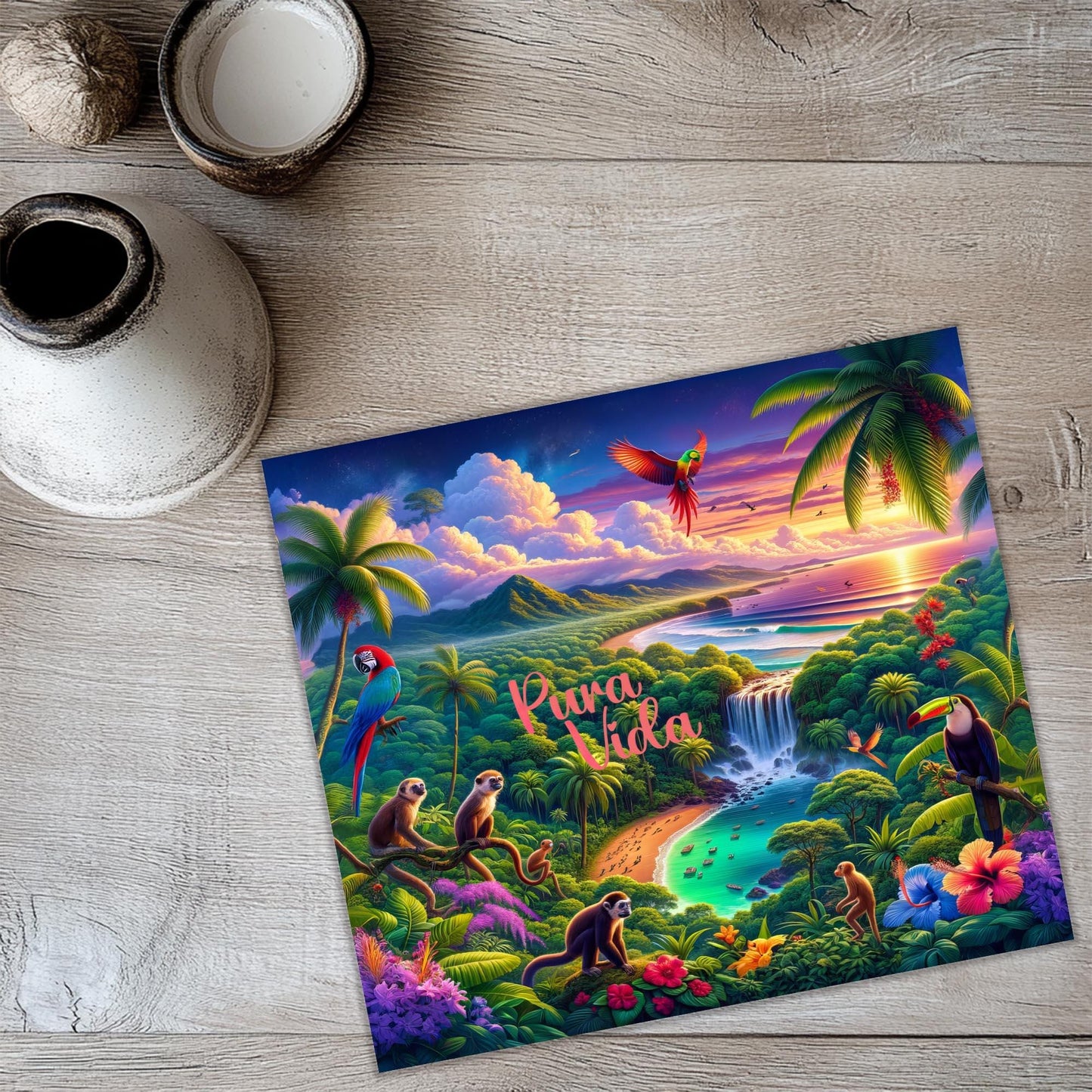 a painting of a tropical scene with birds and a waterfall