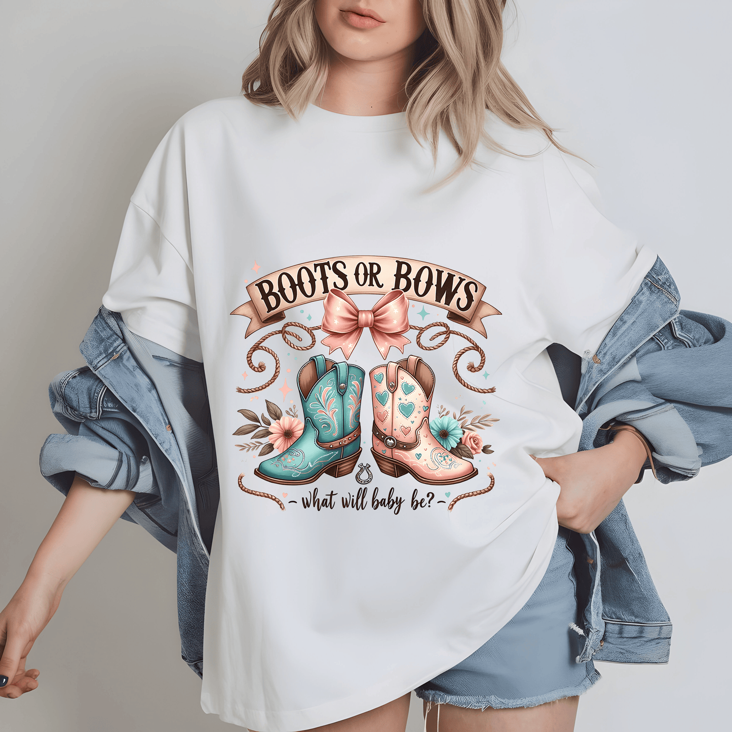 Cowboy Cowgirl Gender Reveal PNG – Boots or Bows Baby Shower Sublimation