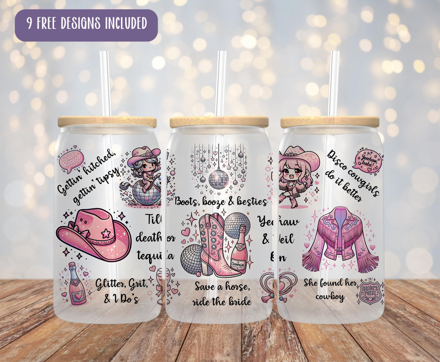 three personalized tumblers with different designs on them