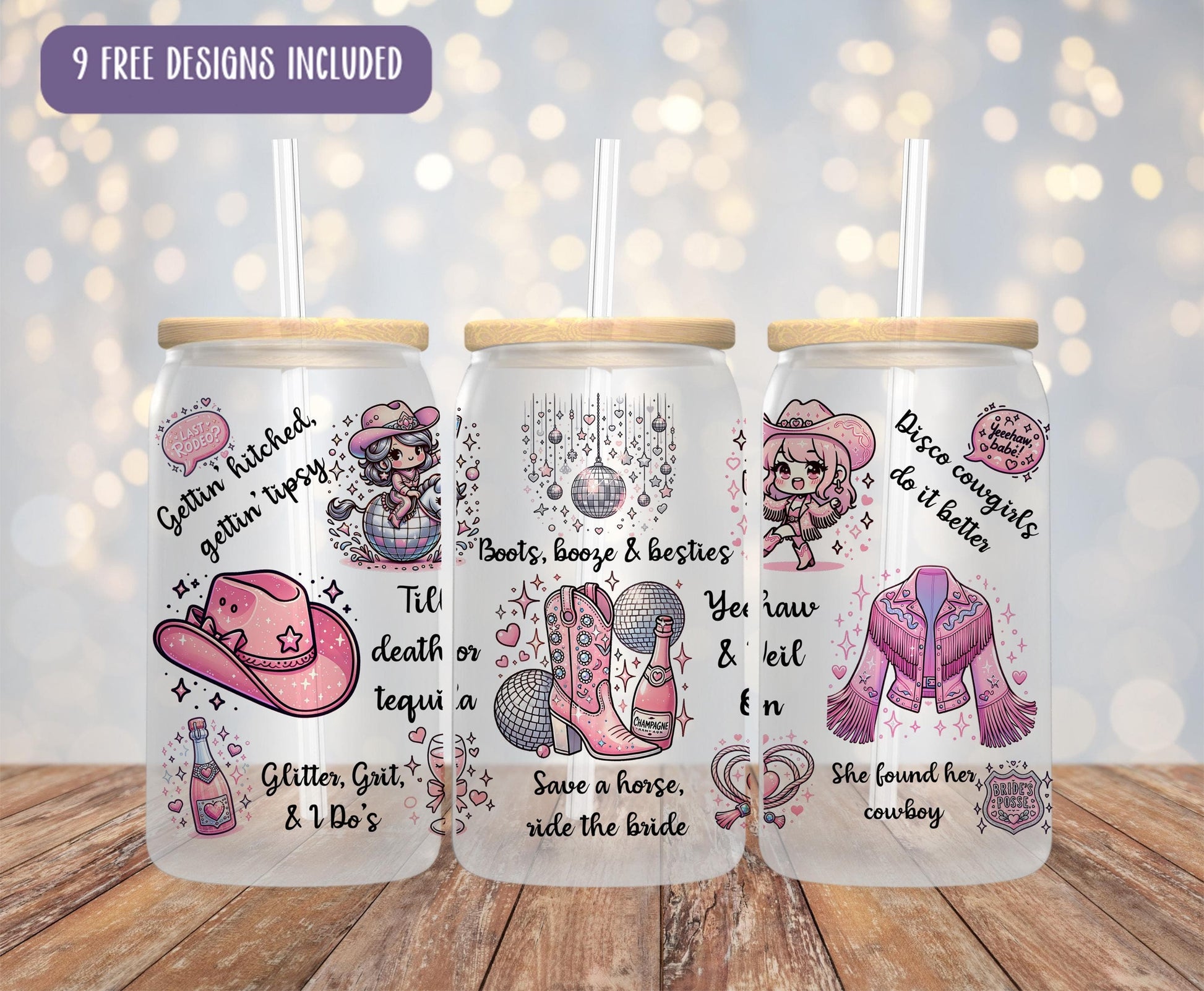 three personalized tumblers with different designs on them