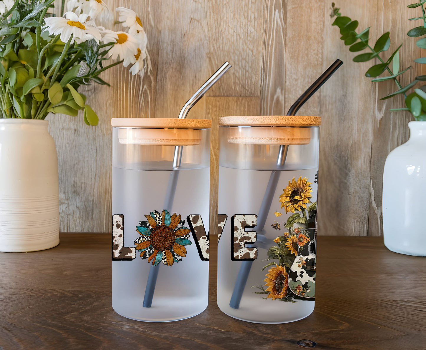 Cowgirl sunflower glass can wrap