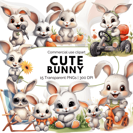Set of cute bunny illustrations with various poses on a white background.