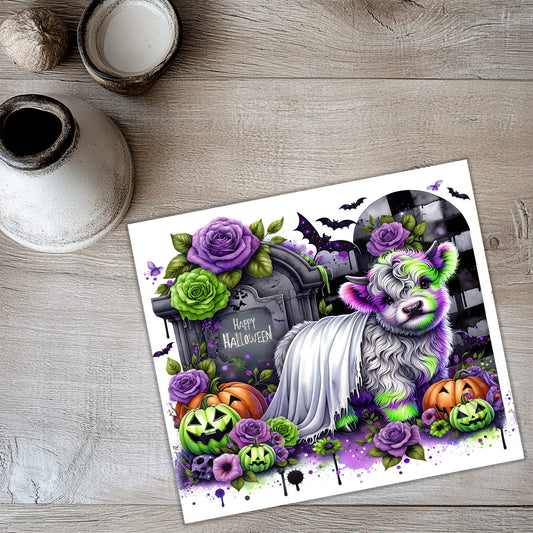 Envoltorio para vaso delgado de 20 oz con diseño de vaca de las Tierras Altas de Halloween (sublimación PNG)