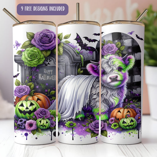 Envoltorio para vaso delgado de 20 oz con diseño de vaca de las Tierras Altas de Halloween (sublimación PNG)