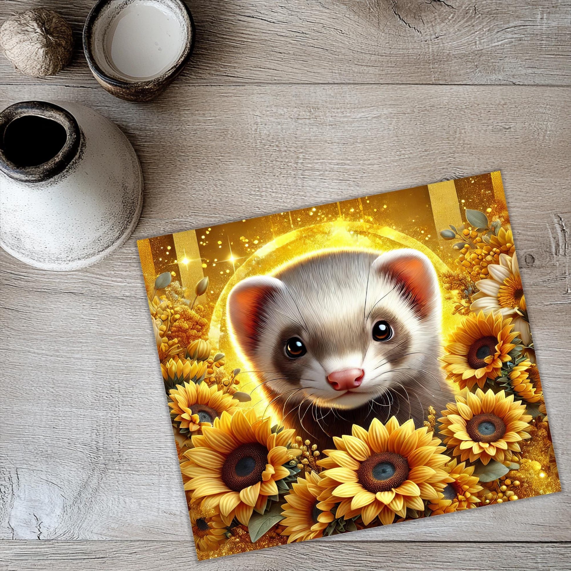 a picture of a ferret surrounded by sunflowers