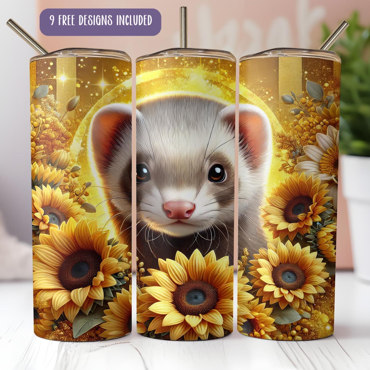 a picture of a ferret with sunflowers on it