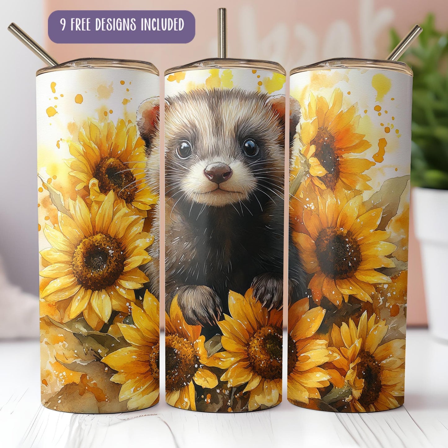 a picture of a ferret surrounded by sunflowers