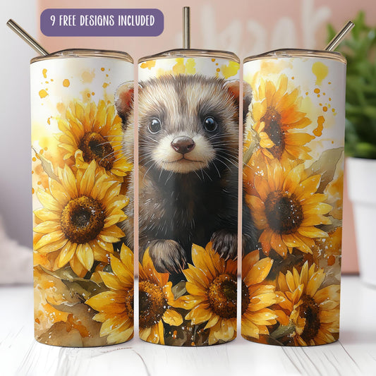 a picture of a ferret surrounded by sunflowers
