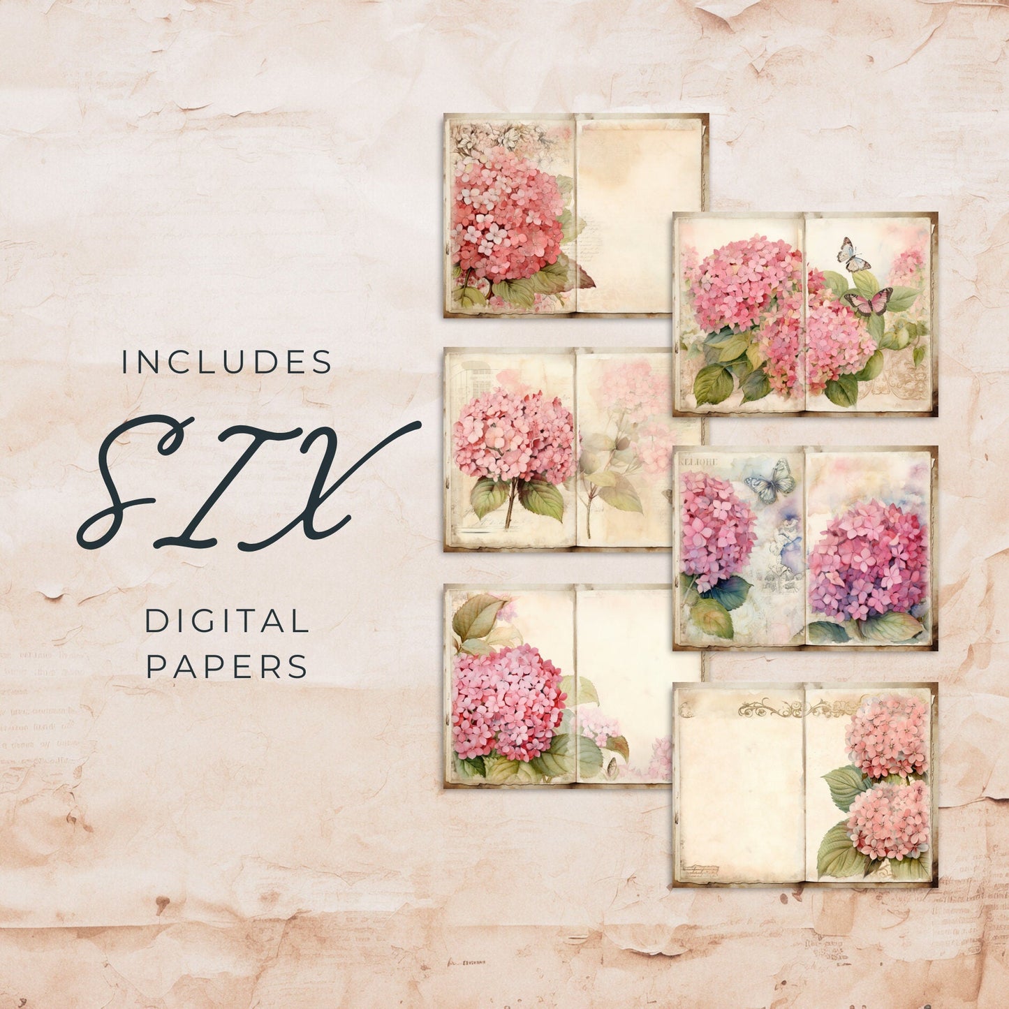 Pink Hydrangea Floral Junk Journal Pages