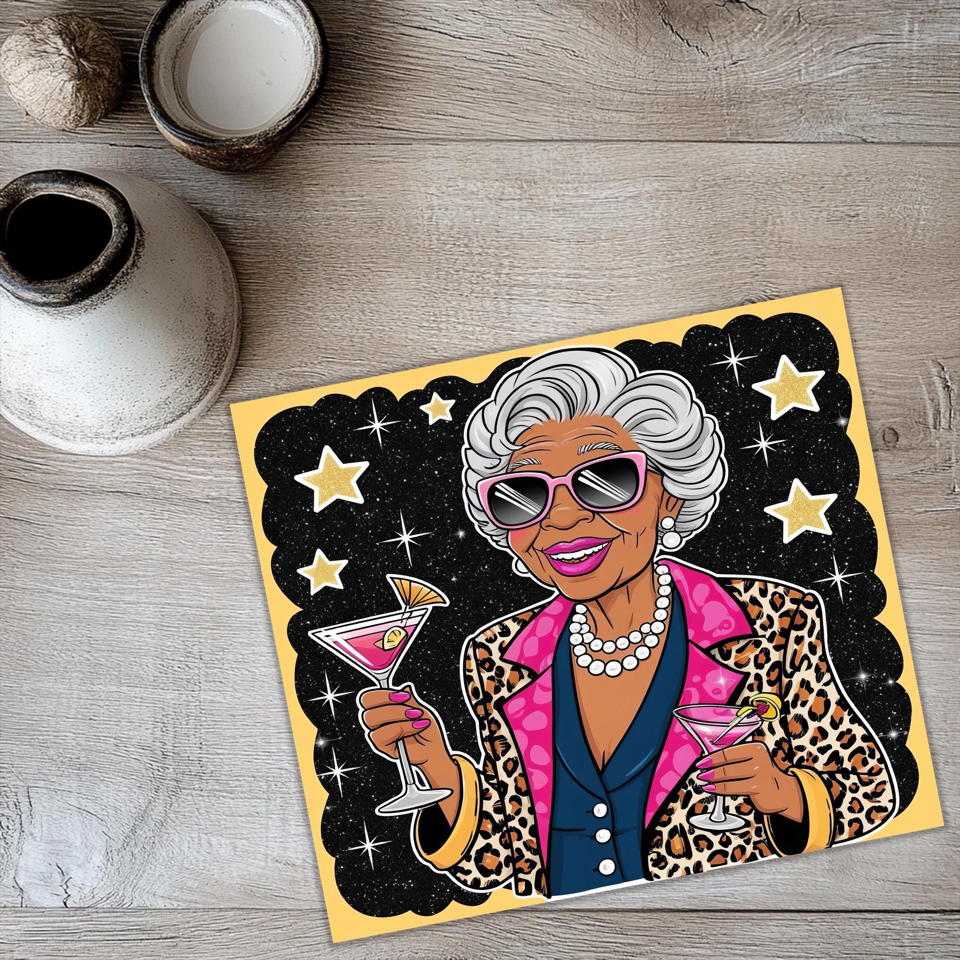 a picture of an old woman holding a drink