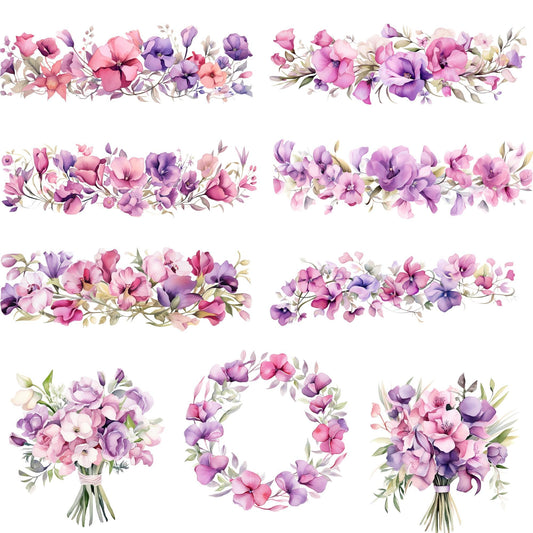 Clipart de acuarela de guisante de olor rosa suave y morado