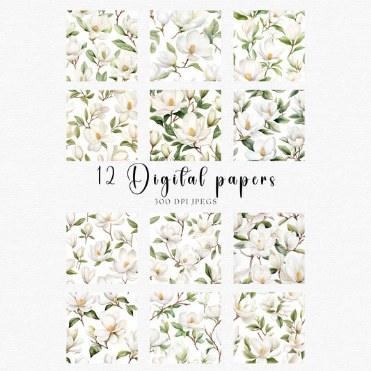 White Magnolias Seamless Pattern Digital Paper