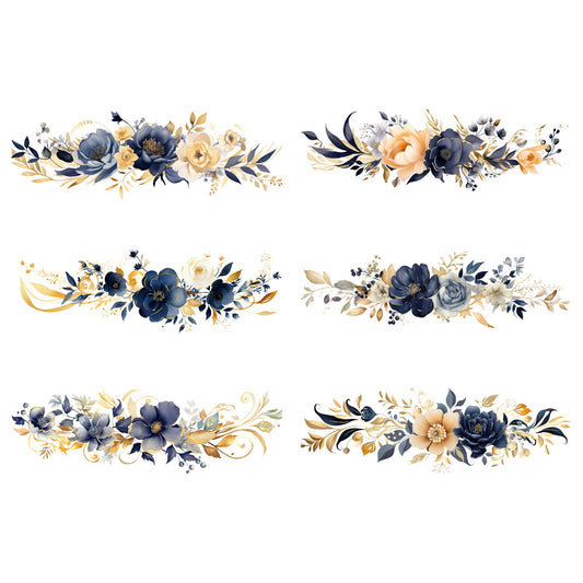 Clipart floral azul marino y dorado