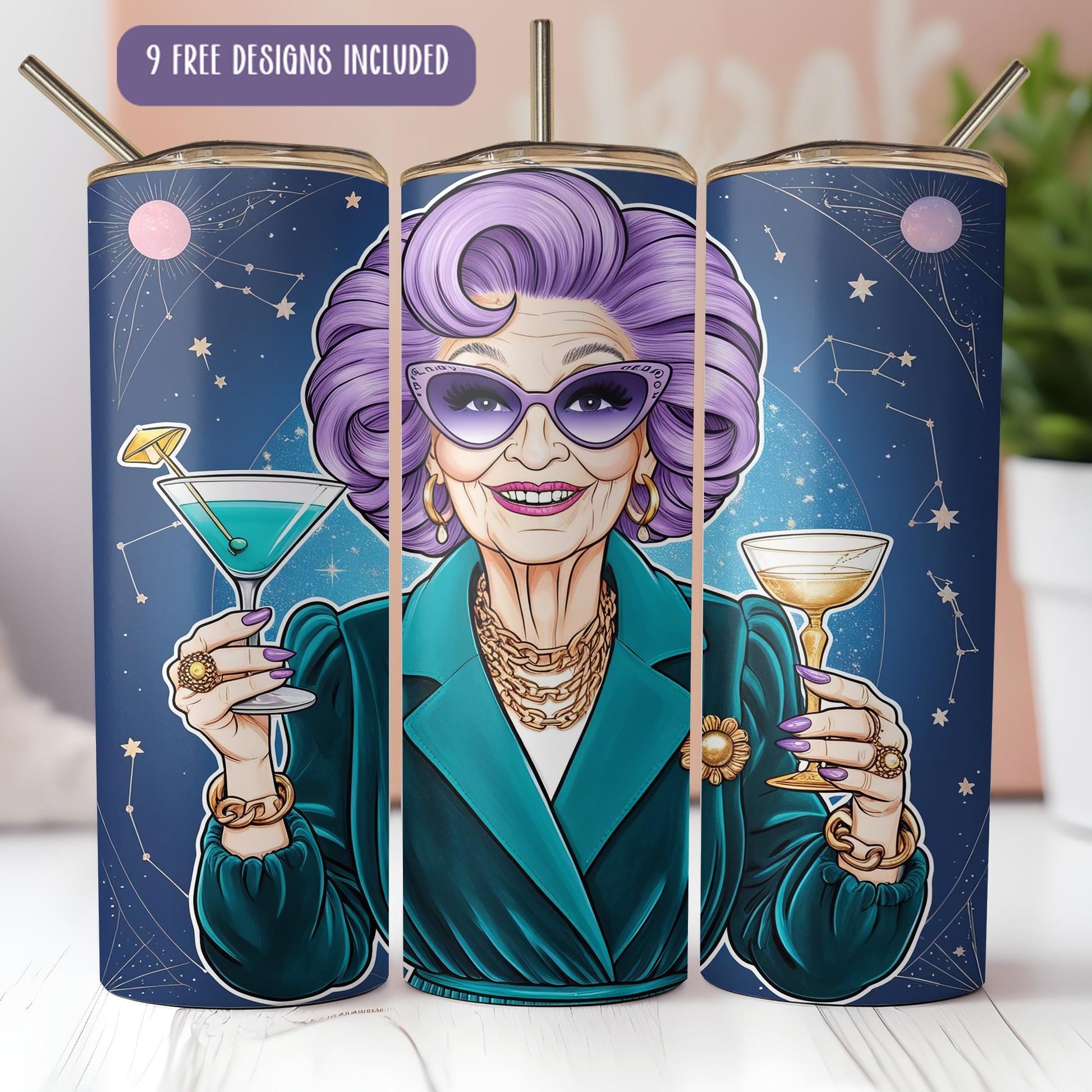 a woman with purple hair holding a martini glass