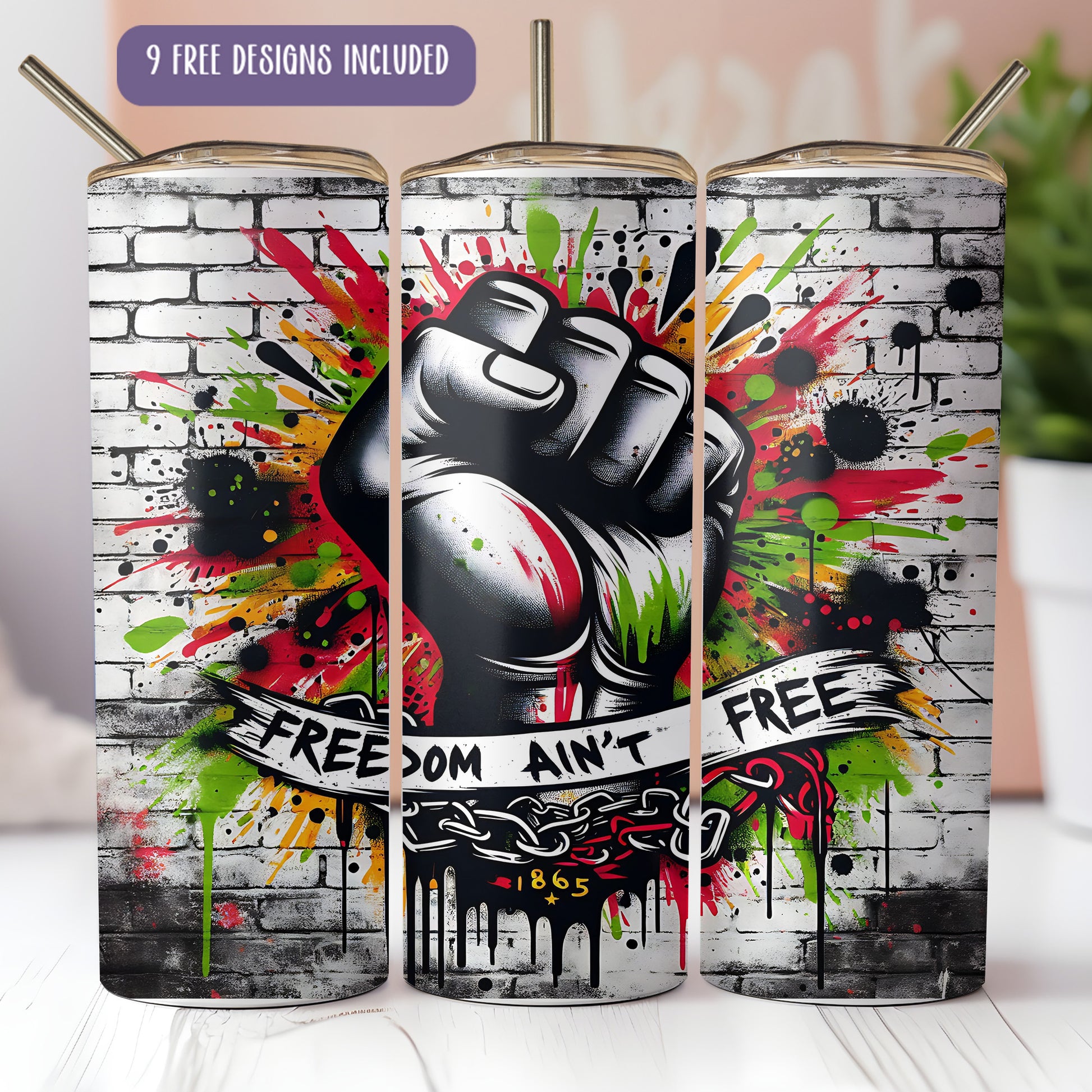 a set of three spray paint cans with a fist painted on them