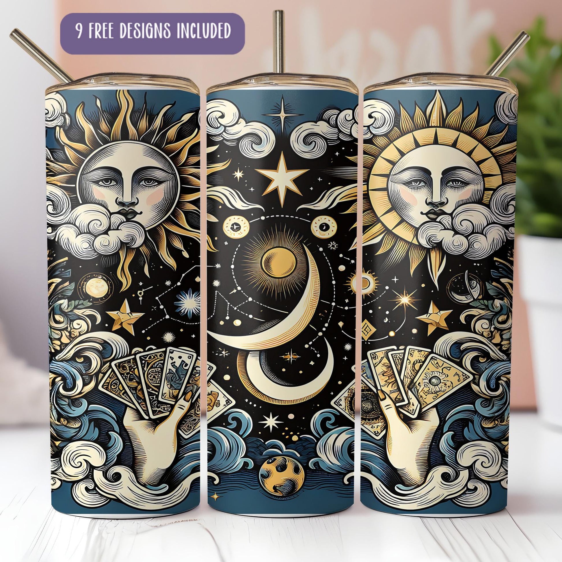 a set of three metal canisters with sun and moon designs on them