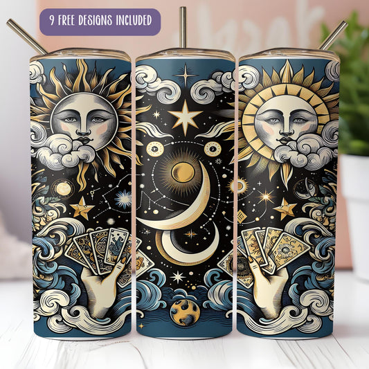 a set of three metal canisters with sun and moon designs on them