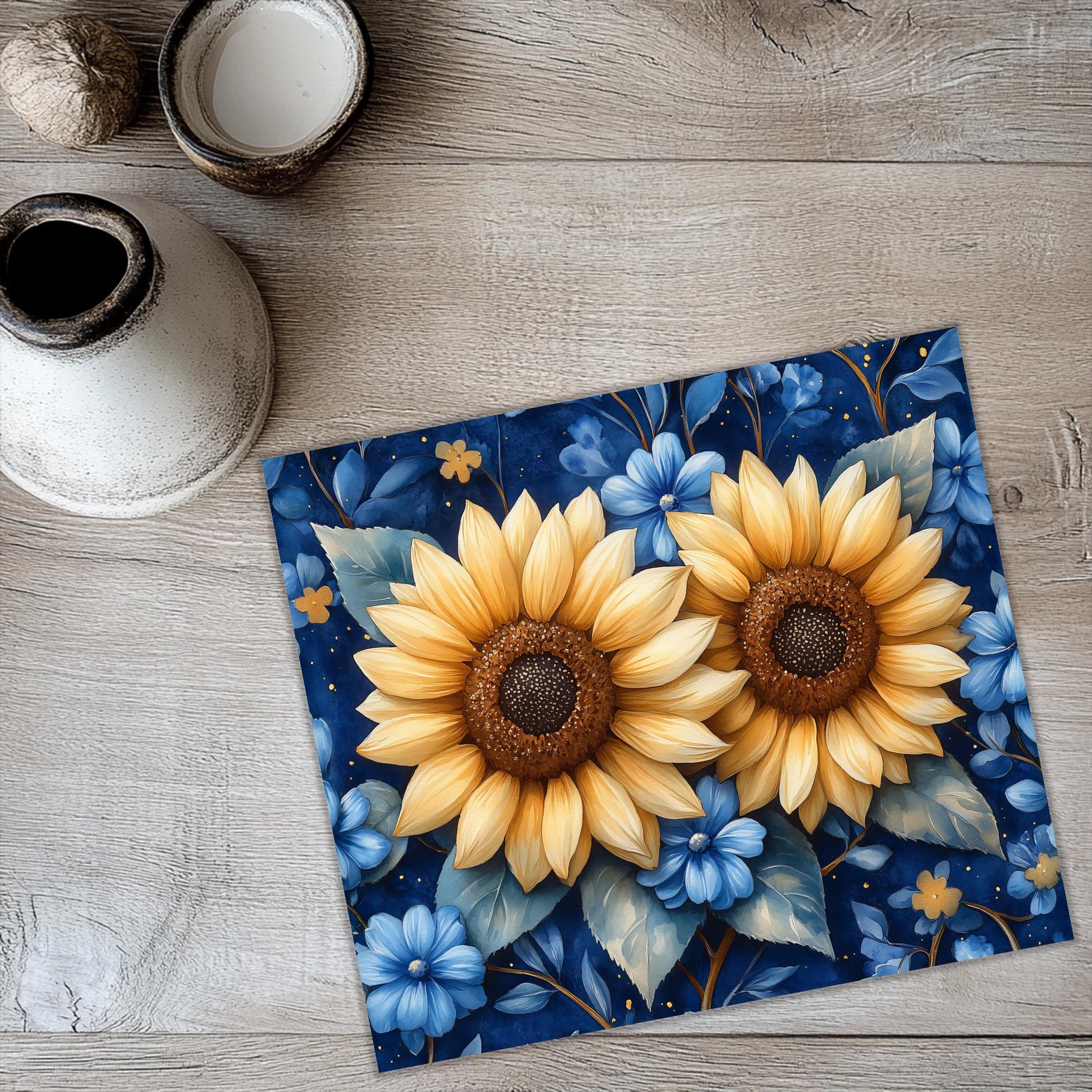 a painting of two yellow sunflowers on a blue background