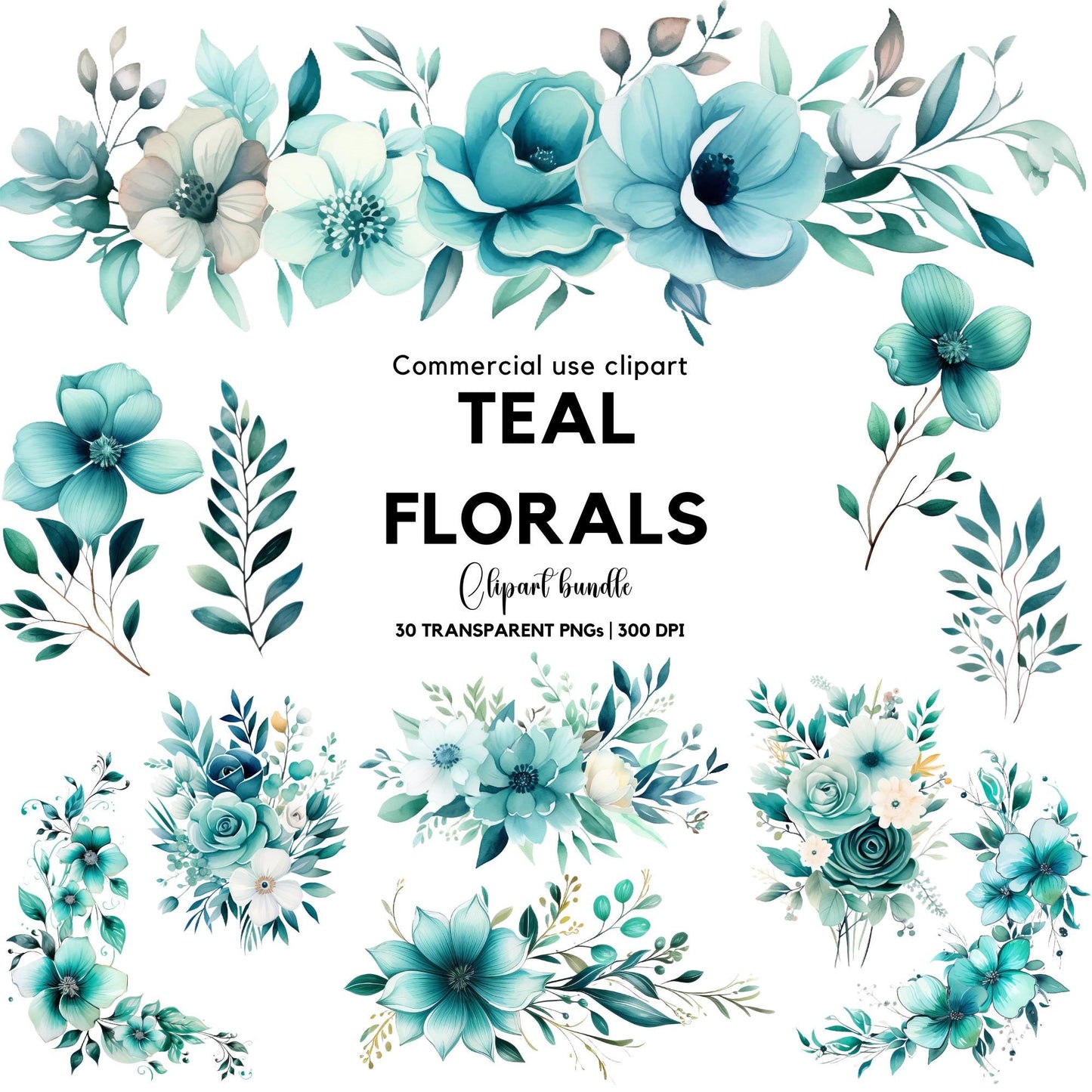 Clipart floral verde azulado