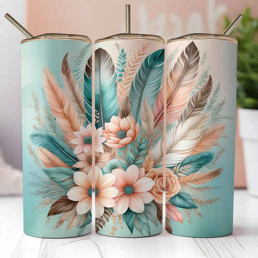 a set of three decorative tumbles with feathers and flowers on them