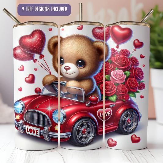 a picture of a teddy bear driving a red car