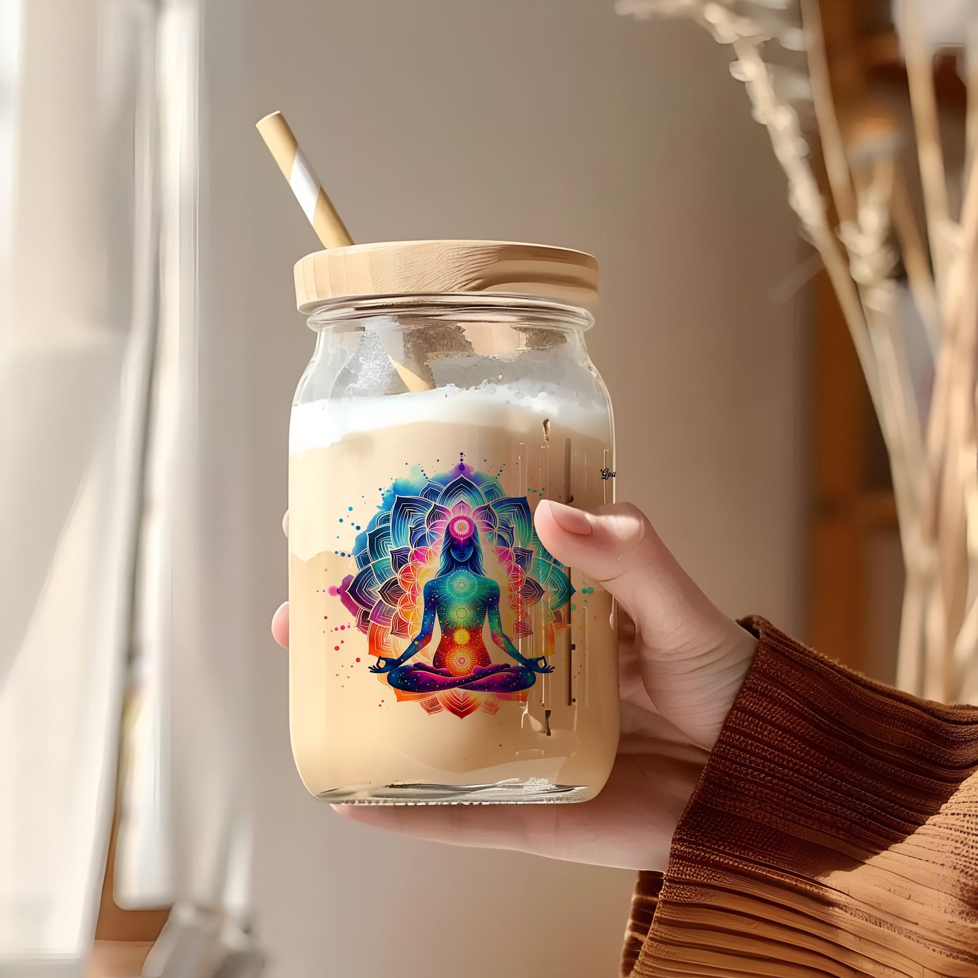 a person holding a jar with a painting on it