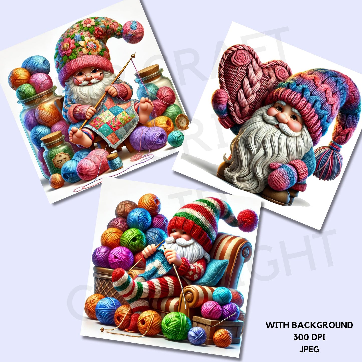 a couple of pictures of a santa clause with balls of yarn