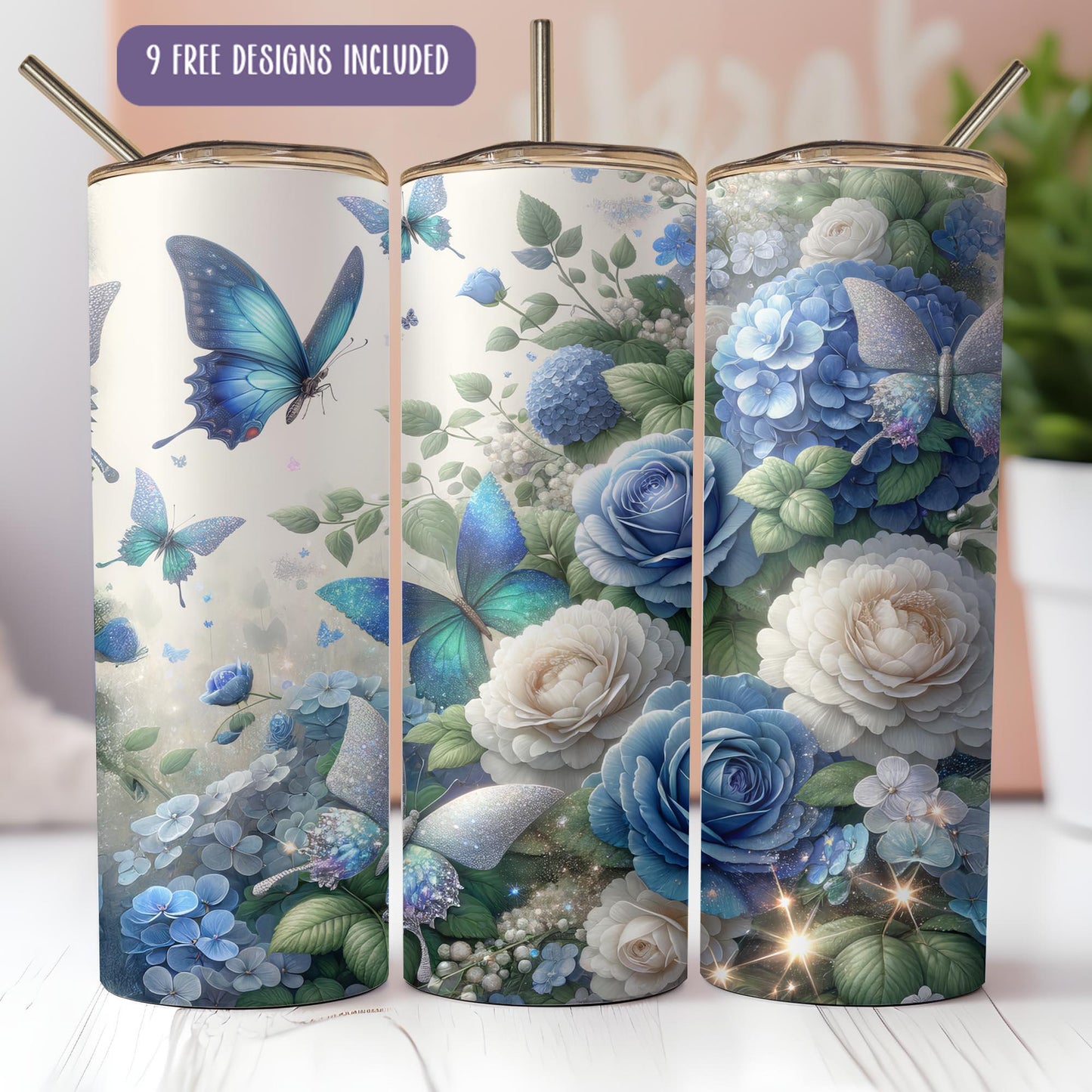 a set of three blue flowers and butterflies on a white table