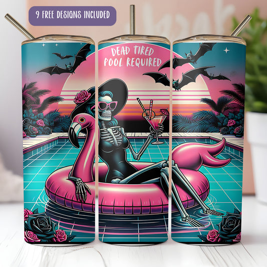 A colorful and whimsical design featuring a skeleton wearing sunglasses and a flamingo sitting on an inflatable pool float, with a sunset and bats in the background.