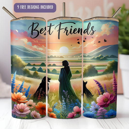 a set of three travel mugs with a painting of a woman and a dog