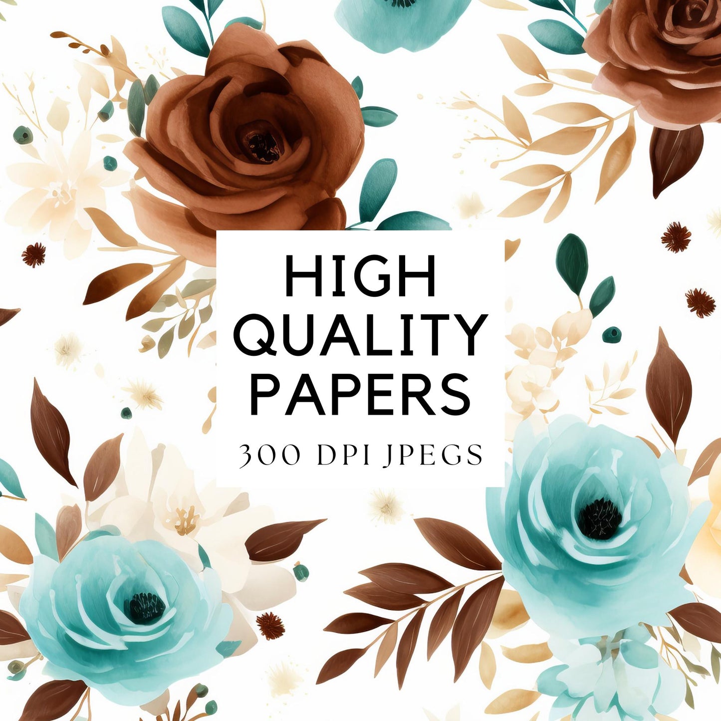 Papeles digitales florales en tonos verde azulado y marrón chocolate