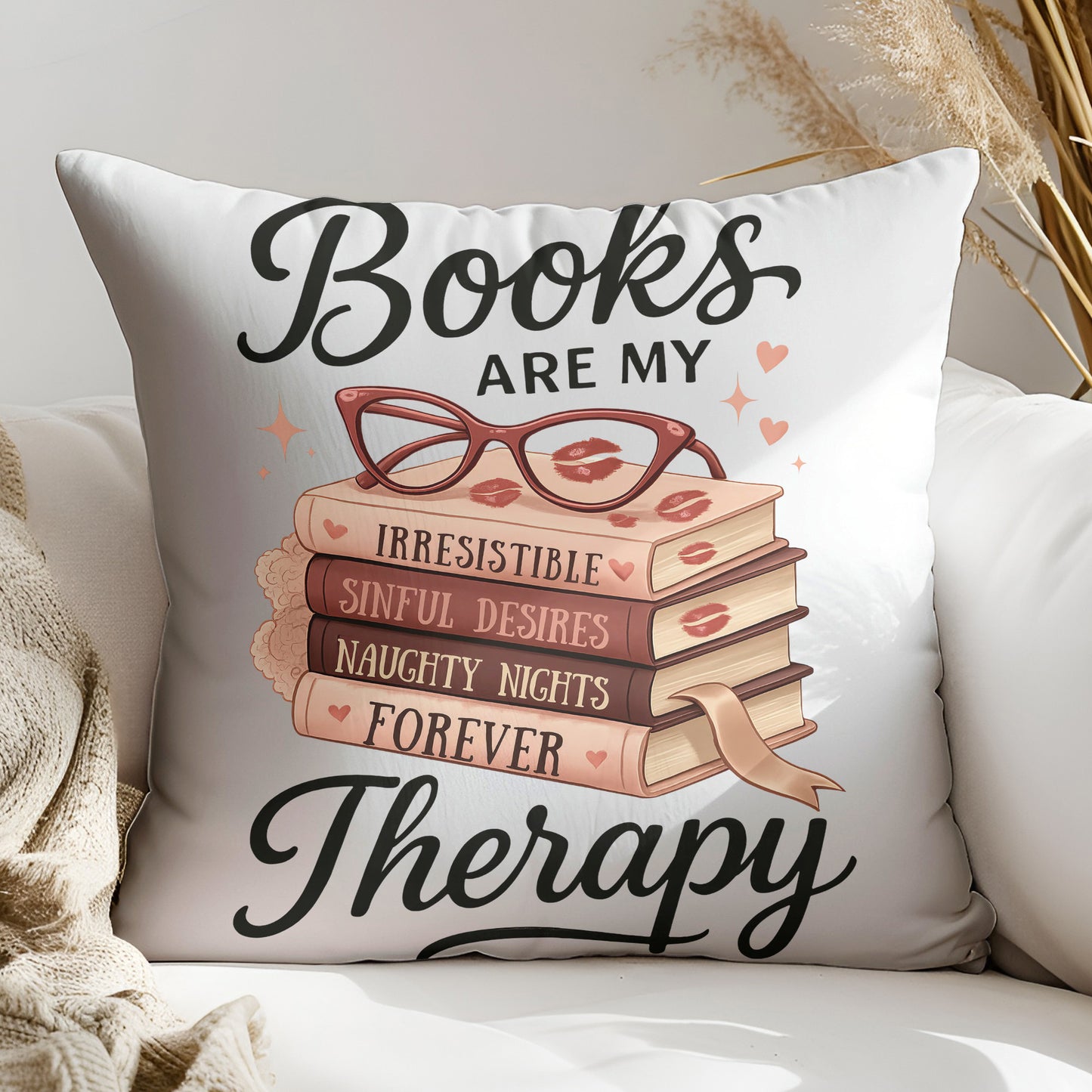 a pillow with a picture of a stack of books on it