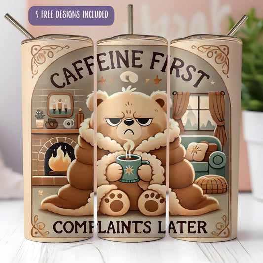 a coffee can with a bear holding a cup