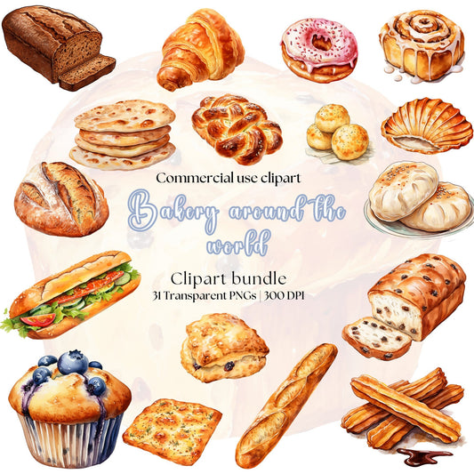 Watercolor Bakery around the world Clipart