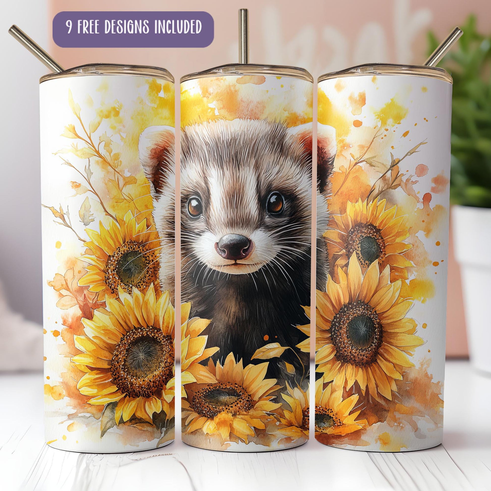 a picture of a ferret with sunflowers on it