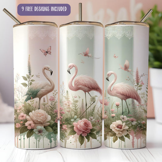 three pink flamingos with flowers and butterflies on them