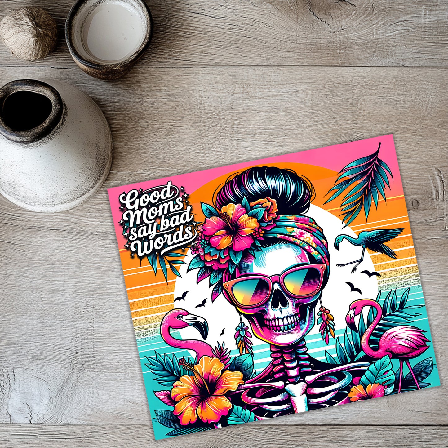 a colorful illustration of a skeleton wearing sunglasses and surrounded by tropical elements such as flowers, leaves, and a bird.
