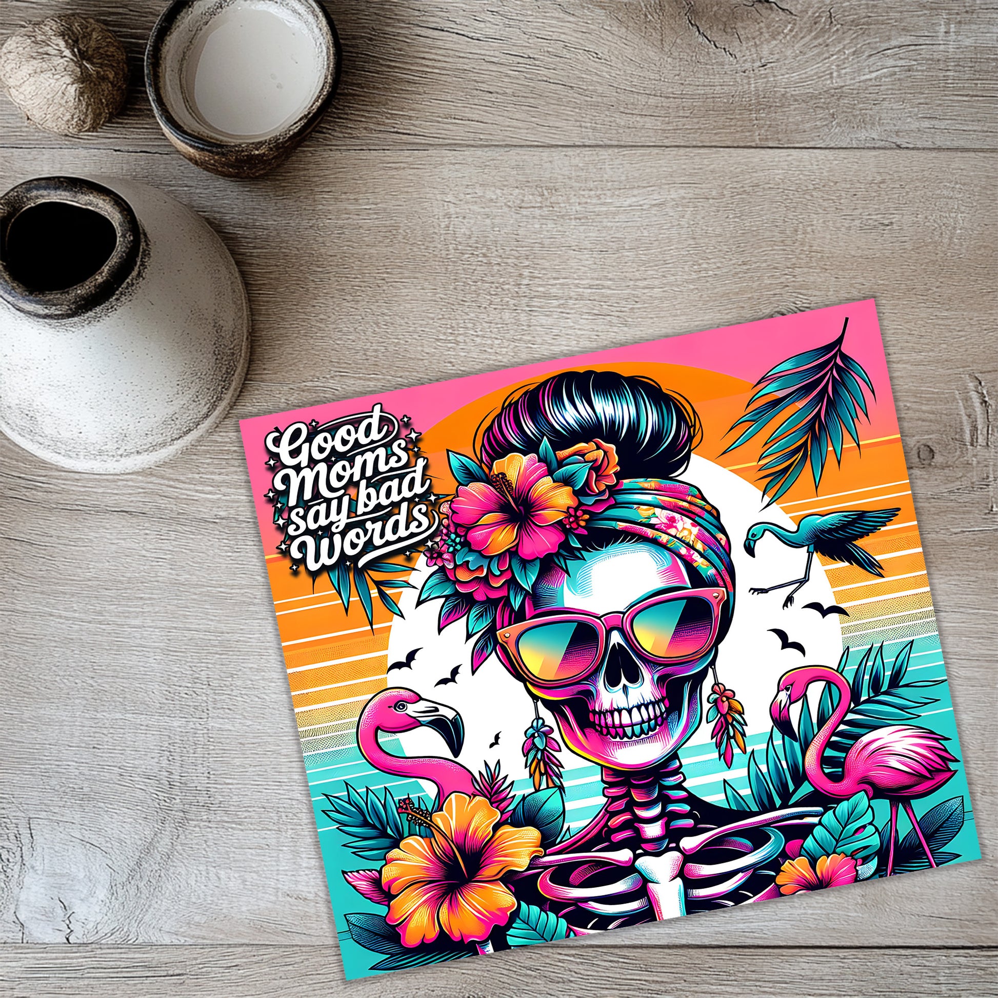 a colorful illustration of a skeleton wearing sunglasses and surrounded by tropical elements such as flowers, leaves, and a bird.