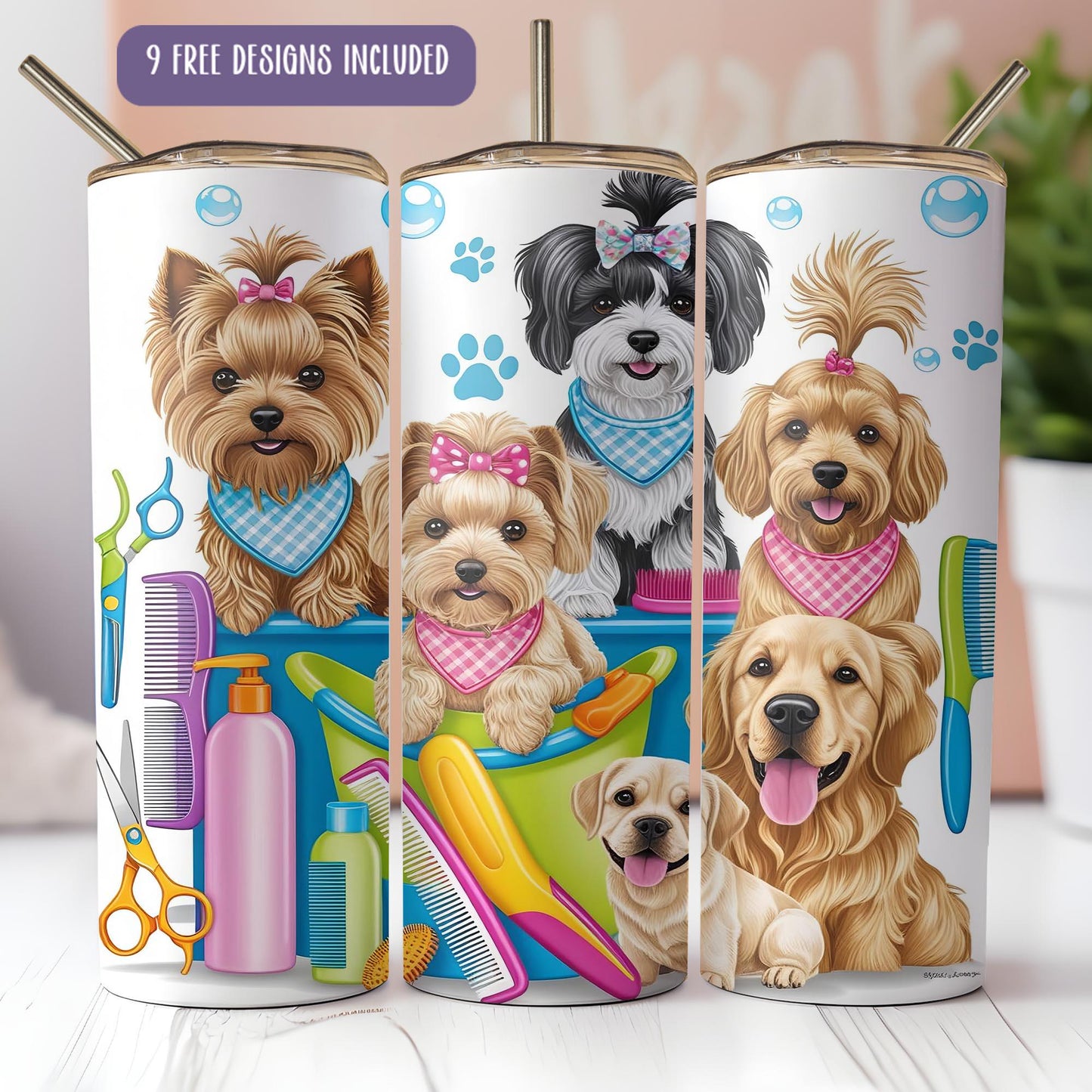 a group of dogs with bandanas on their heads