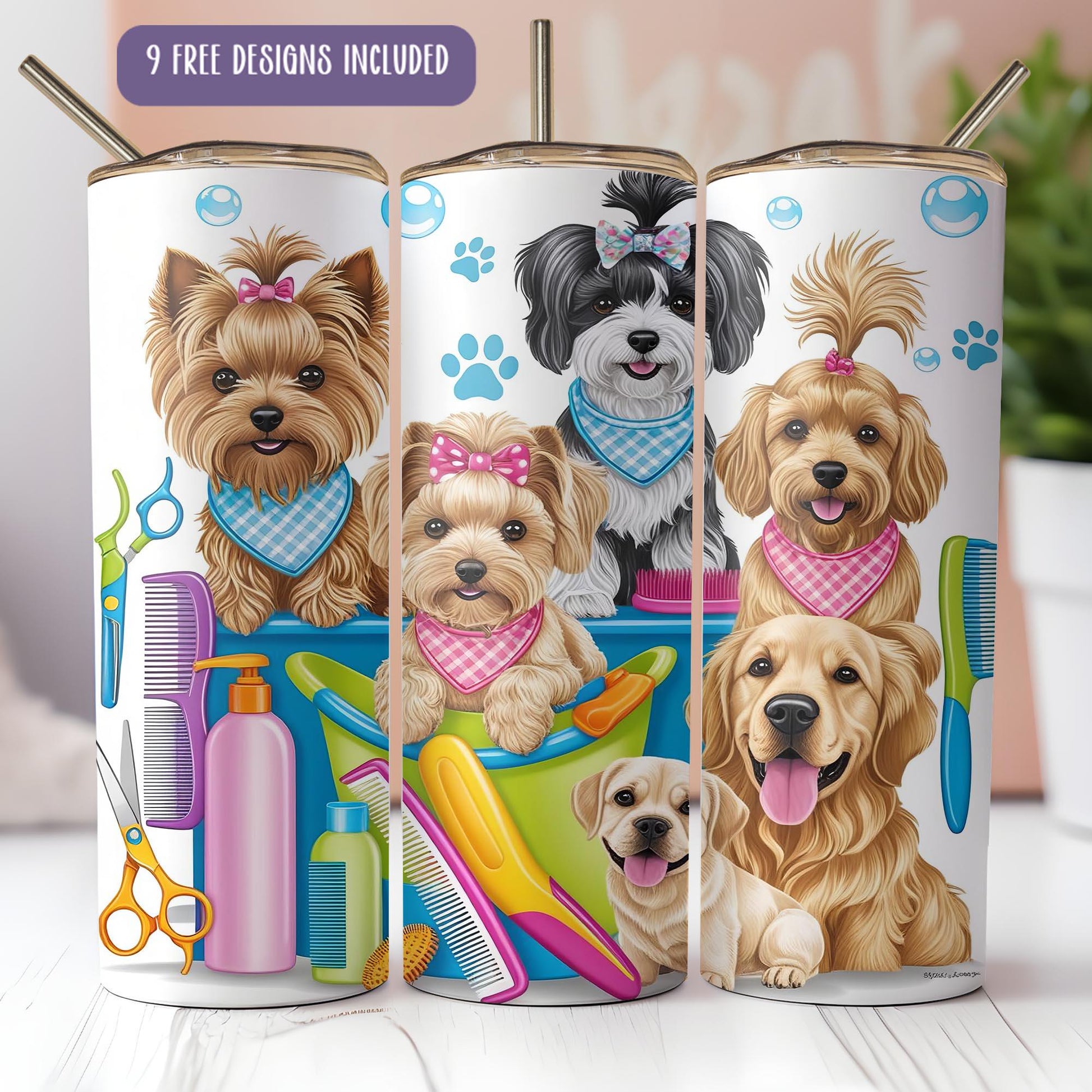 a group of dogs with bandanas on their heads